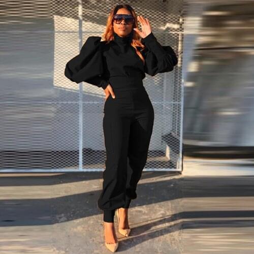Street Style Two Piece Set Tracksuit for Women Unique Design Draped Turtleneck Puff Sleeve Top+simple Empire Jogger Trousers