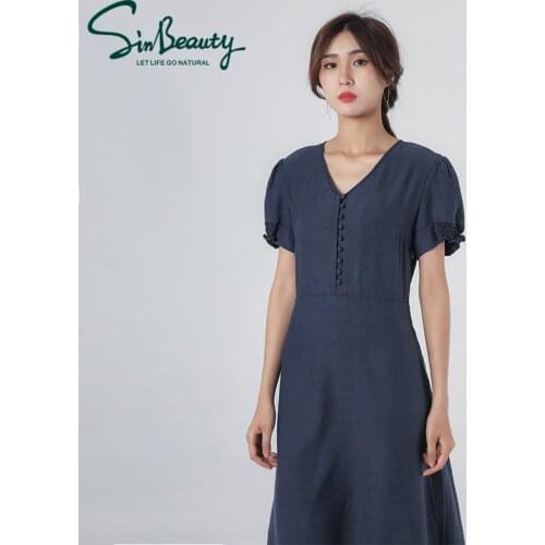 Sinbeauty Summer Womens Short-Sleeved One-Piece Short Early autumn Solid color Wild Slim Literary Round Neck Dress