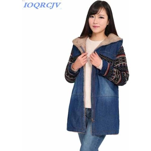 Winter denim jackets for women 2019 Flocking Thick warm lambswool coat Print hood jeans parkas Loose students tops IOQRCJV N100