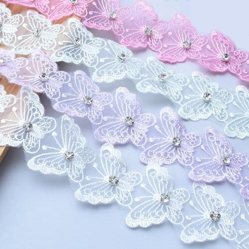 20Yards Rhinestone Butterfly 45mm Ribbon Lace Trim Fabric Patch Embroidered DIY Applique Sticker Patchwork Sewing Supplies Craft