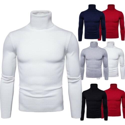 2019 Solid Baisc Men High Neck Turtleneck Cotton Pull Over Sweaters Long Sleeve Stretch Jumper M-2XL Top