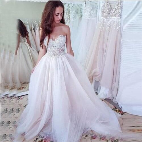 2021 Simple Illusion Bodice Beach A-line Bridal Gowns Sweetheart Lightweight Wedding Dresses Appliques Beaded Bridal Dresses