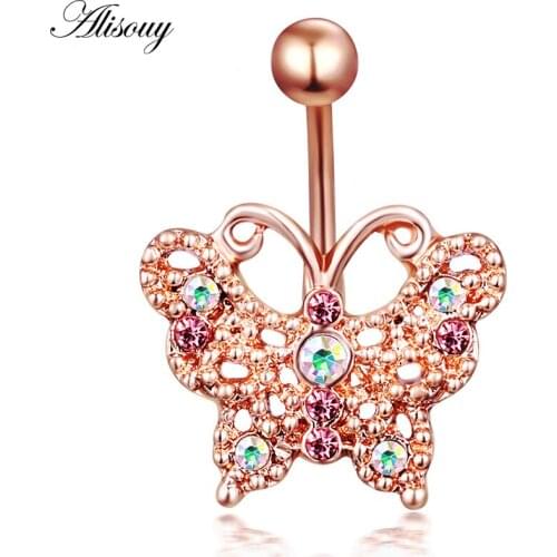 Alisouy 1pc Dangle Belly Button Ring 14G Rose Gold belly bar Body Jewelry Butterfly Navel Piercing For Sexy Women Luxury bijoux