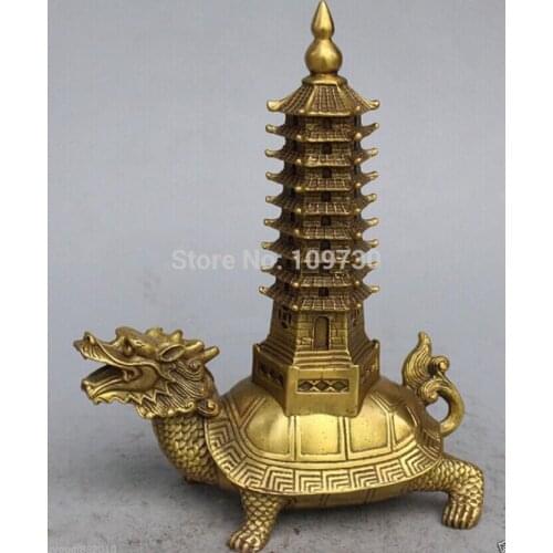 Bir 001256 9" Chinese Bronze Dragon Turtle Tortoise Buddhism Buddha Wen Chang Stupa Statue