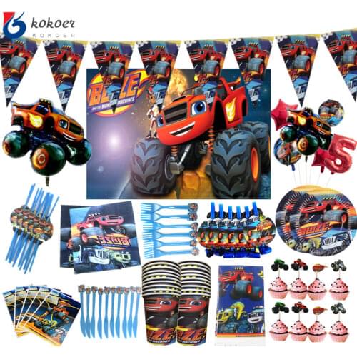 Hot Blaze r Machines Design Decorate Cups Plates Kids Favors Baby Shower Dishes Glass Flags Birthday Party Tableware Set