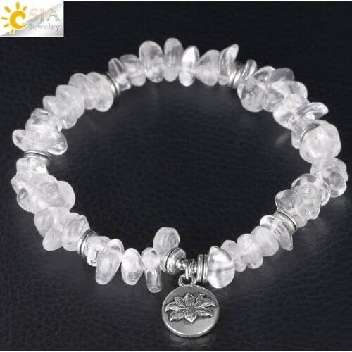 CSJA Handmade Stretch Crystal Chip Bracelet Natural Stone Bracelets Irregular Gravel Lotus Flower Fittings Healing Jewelry F382