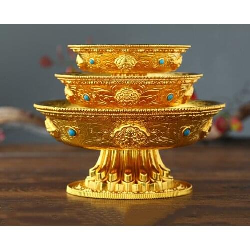 Zinc Alloy Tribute Buddhist Fruit Plate Gold Auspicious Luster Tibetan Plate Engraving Buddha Fruit Saucer Home Gift Decorative