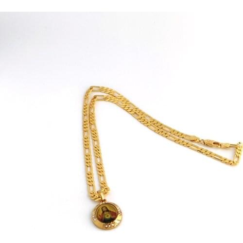 24" Ltalian Figaro Link Chain Fine Necklace Jesus Solid Pendant Head Loyal Mens Cool 18 k Solid Gold GF CZ Fashion Jewelry