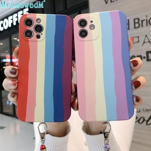 Crossbody Cord Phone Cases For iPhone 11 12 Pro Max Mini XS X XR 7 8 Plus SE 20 Fashion Rainbow Pattern Color Cover With Lanyard