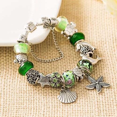 Droshipping Silver Color Ocean Starfish Shell Animal Charm Bracelet Green Crystal Bead Bracelets Diy Handwork Making Jewelry