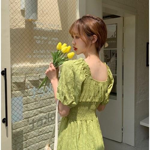 French Dress Women Square Collar Puff Sleeve Square Collar Summer Dress Women A- Line Elegant Vintage Retro Dress Women