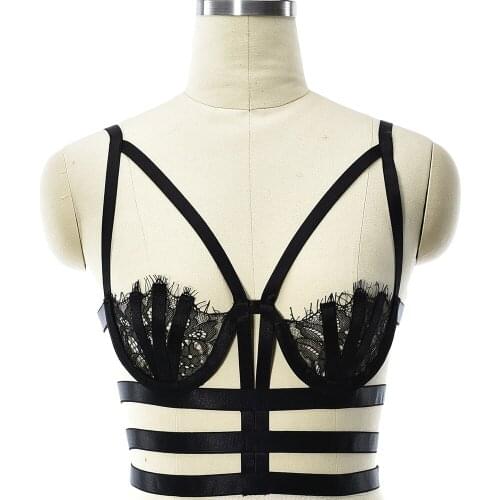 JLX.HARNESS Sexy Open Chest Bra Lace Perspective Bondage Harness Lingerie Body Cage Belt Hollow Edgy Suspender Body Harness Bra