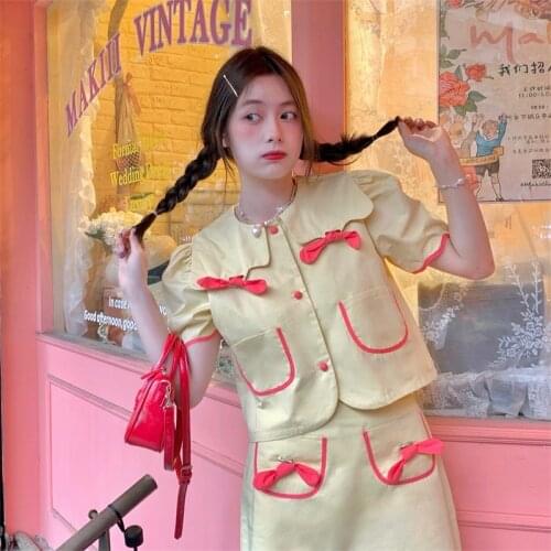 Korean Sweety Soft Girl Peter Pan Collar Bow Puff Sleeve Shirt Vintage Kawaii Mini Skirt Bright Line Decoration Two-piece Suit