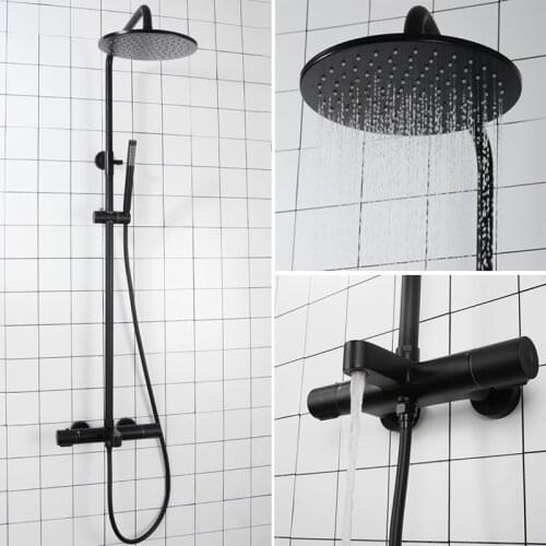 Matt Black Thermostatic Mixer Bathroom Wall Mounted Shower Faucet Set Bath Rainfall Shower Brass Shower Head 8"/10"/12"