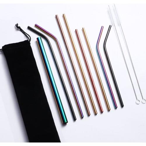 Metal Drinking Straw Stainless Steel Reusable Set Colorful Straight Bent Rainbow With Cleaner Brush Bar Party Accessory