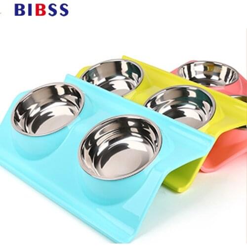 Pet Dog Bowl Cat Bowl Water Food Storage Feeder Non-toxic PP Resin Puppy Stainless Steel Dish Combo Rice Basin 3 Colors