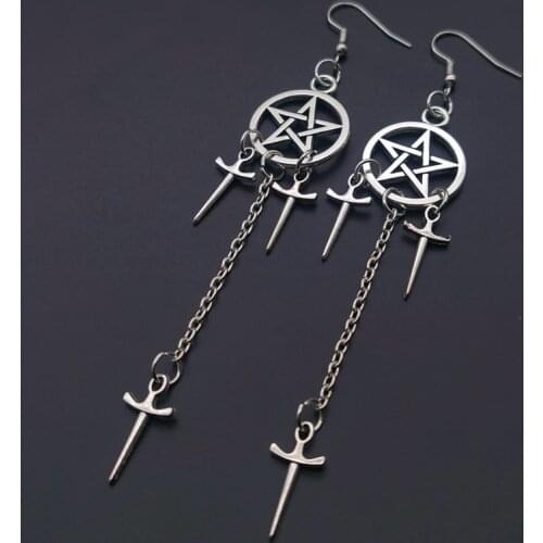 Fashion Pentagram Swords Earrings Silver Plated Huggie Hoops Dangle Witchy Jewelry Pagan Wiccan Tarot Gothic Emo Women Gift