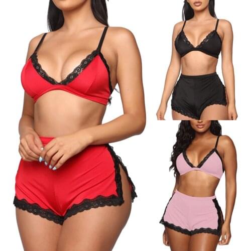 Sexy Lace 2 Piece Set Pajamas Women V Neck Tops Bras+High Waist Split Shorts Babydoll Sleepwear Underwear Summer