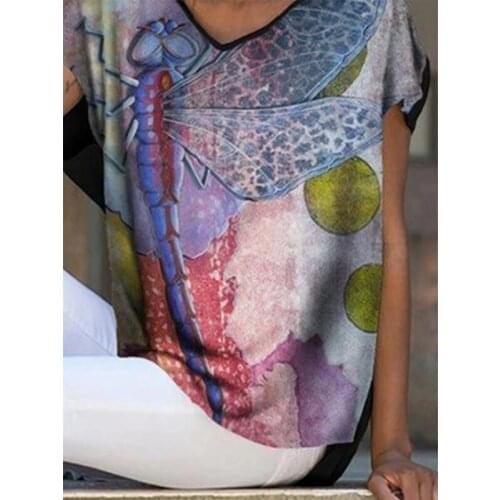 Popular Pullovers Top Breathable Print V-Neck Short-Sleeved T-Shirt Female Commute All -Match T-Shirts Womens Tshirt Outfit