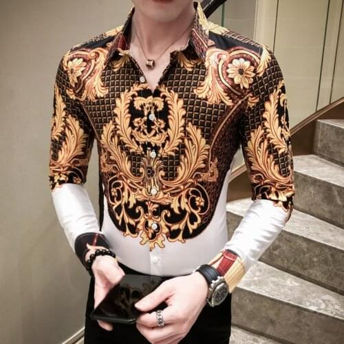 Pattern Shirt Paisley Men Camisa Social Masculina Long Sleeve Shirt Black Gold Baroque Shirt Men Slim Fit Camisas Para Hombre