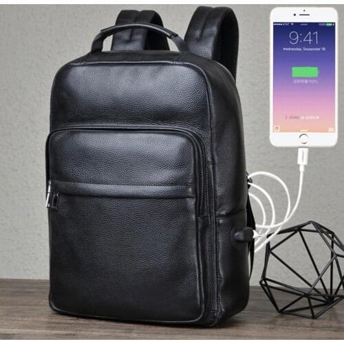 15.6 inch Laptop Backpack Men Genuine Leather Mens Backpack External USB Charge Backpacks Travel Bag Schoolbag Student Bookbag