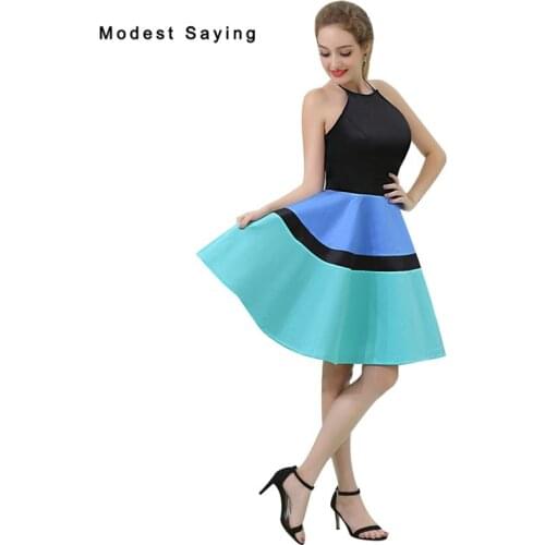 Sexy Black and Blue A-Line Halter Homecoming Dresses 2017 for Size 18 Girls Formal Summer Knee Length Graduation Prom Gowns B046