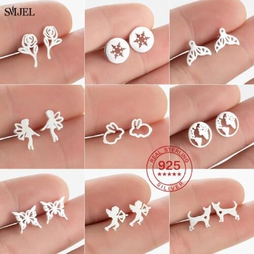 Women Child Trendy Earrings New 925 Sterling Silver Flower Angel Rose Snowflake Whale Tail Stud Earrings Hypoallergenic Earring