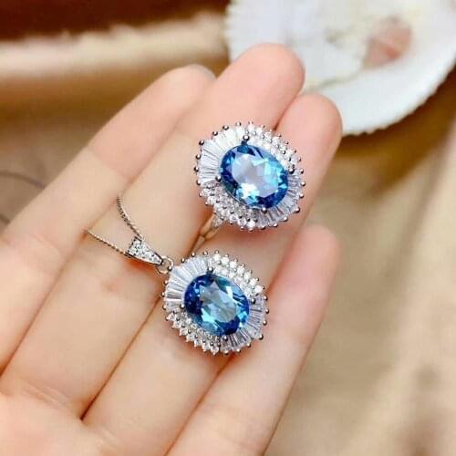 Shilovem 925 sterling silver Natural blue topaz Rings pendants fine Jewelry women wedding send necklace 8*8mm mtz0810228agb