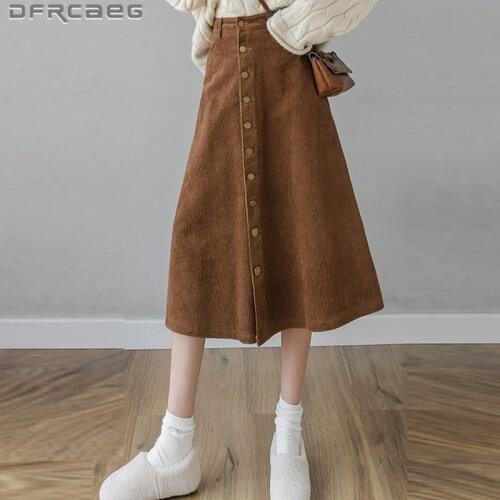 Warm Thicken Winter Corduroy A-Line Women Skirts With Button 2021 High Waist Casual Elegant Mid-Long Vintage Skirt Female