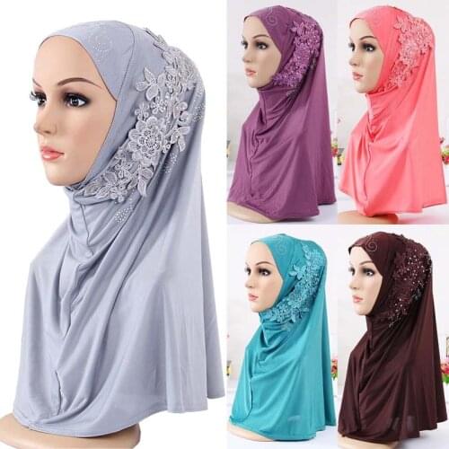 Flowers Applique Decor Muslim Head Wrap Hijabs Solid Color Women Islamic Jersey Headscarf Turban Headband on the Head Accessory