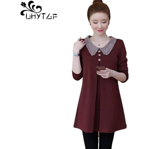 UHYTGF Loose 5XL Plus Size T-Shirt Womens Long Sleeve Pullover Casual Spring Tops Female Solid Wild Elegant Ladies Blouse 1290