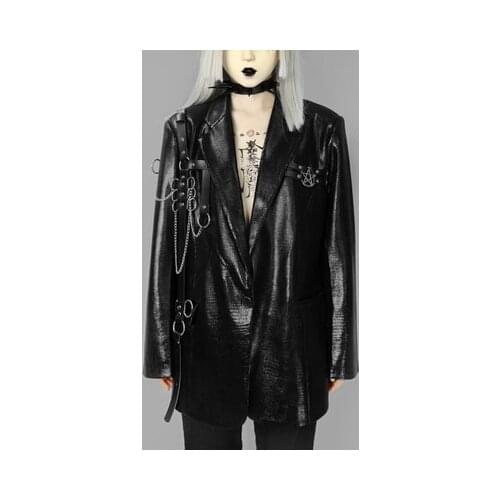 Autumn Winter Punk Women Dark Faux Crocodile Leather Jacket Heavy Industry PU Leather belt Metal Patch Gothic Black Coat
