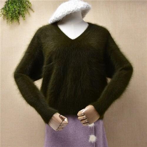 Ladies women deep green autumn winter hairy plush mink cashmere knitted v-neck long sleeves loose pullover angora jumper sweater