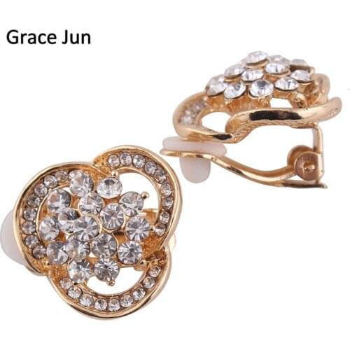 Grace Jun Fashion Bridal Rhinestone Flower Shape Clip on Earring No Pierced for Women Party Charm No Hole Ear Clip High Quality