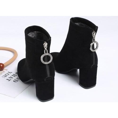 YQBTDL Winter 2020 High Heels Womens Sock Boots Ankle Suede Flock Ladies Block Heels Shoes Beige Black Rhinestone Ring Booties