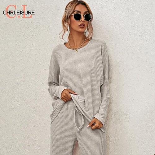 CHRLEISURE Spring Autumn Drawstring Two Piece Set Women Tracksuit Solid Knitted Sweatshirt Top Pants Suits Streetwear Outfits