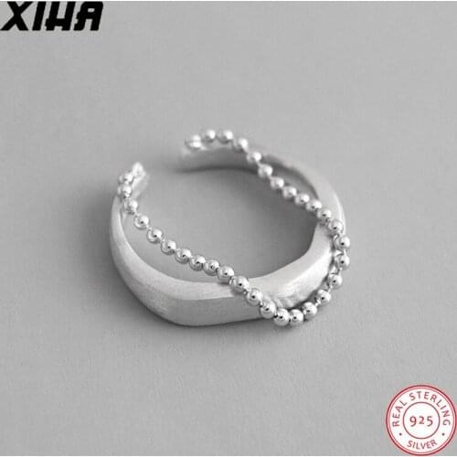 925 Sterling Silver Bead Chain Double Layered Rings for Women Adjustable Geometric Anniversary Punk Fashion Jewelry Accessories