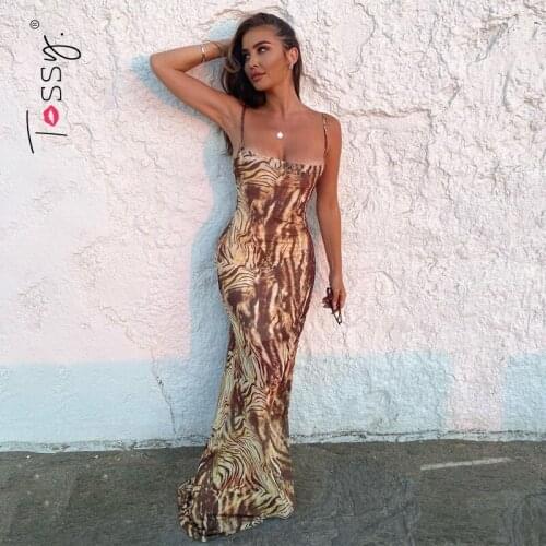 Tossy Brown Spaghetti Strap Printed Party Dress Sexy Bodycon Skinny Maxi Dresses For Women Summer Beach Backless Vestido Female