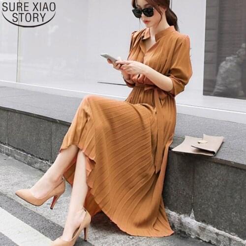 Single Breasted Chiffon Dress Women 2021 Autumn Pleated Dresses Full Sleeve Slim Waist A-line Casual Long Dress Vestidos 12377