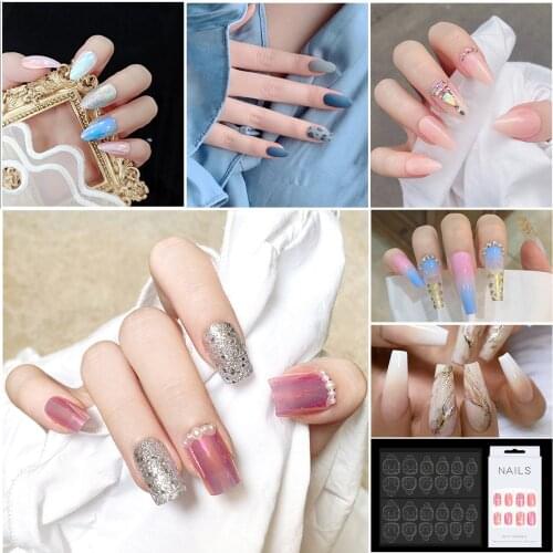 24pcs/set Acrylic Fake Nails Full Cover False Nail Art Tips 10 Sizes Butterfly Design With Nail Adhesive Sticker 136