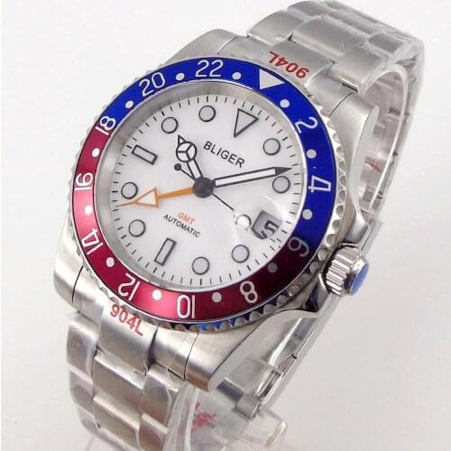 40mm Bliger Sterile White Dial Blue Red Rotating Bezel Sapphire Glass GMT Date Automatic Movement Mens Watch