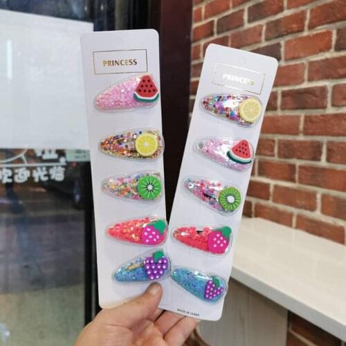 5 Pcs Beautiful Colorful Quicksand Fruit Hairpins for Princess Child Hair Accessories Fashion Transparent PVC BB Clip Headwear