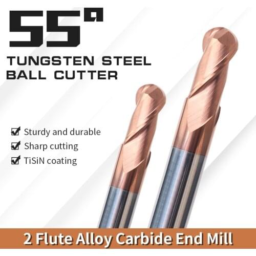 AUGT HRC55 Ball Nose End Mill 4/6/8/10mm Shank 2 Flute CNC Router Bit Bronze Coated Carbide Milling Cutter Engraving Cutting