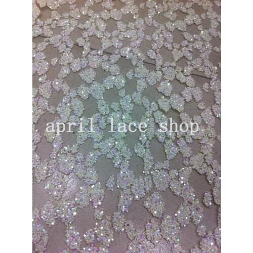 Shining colorful white mesh flower glitter lace shining sequin fabric for wedding dress design/party dress! 5 Yards/lot