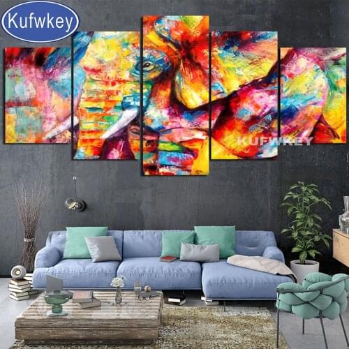 Color Graffiti Animal Elephant Diamond Painting 5 Panel Cross Stitch DIY Diamond Embroidery Rhinestone Mosaic Kits Murals