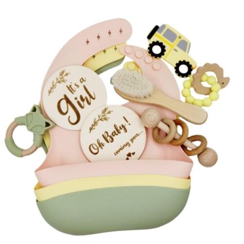 Baby Milestones Cards Brush Rattle Baby Bib Silicone Teether Teething Toy Personalise Photograph Newborn Gift Box