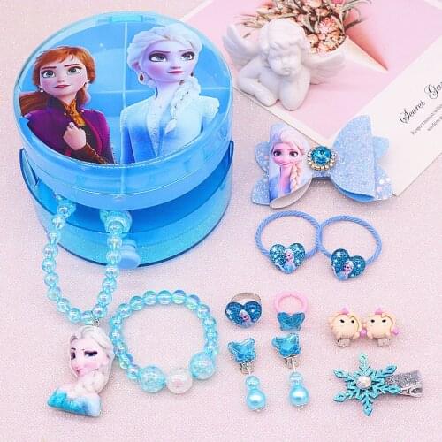 Kids Jewelry Toys Set Children Pearl Necklace Cartoon Elsa Princess Ring 10pcs/set Earring Hair Accessories Party Gift