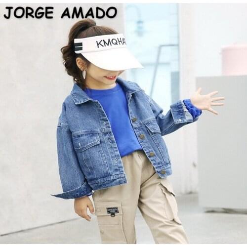 2021 New Spring Teenagers Girls Boys Denim Coat Solid Color Lace Open Stitch Long Sleeves Fashion Coat Children Clothes E8736