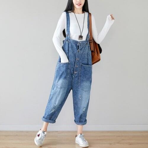 High Waist Denim Jumpsuit Women Loose Ripped Hole Washed Jeans Pants Female Trouser Casual Big Pockets Overalls For Women Romper
