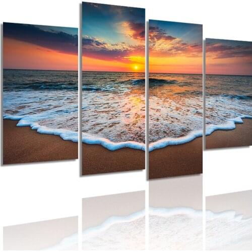 Beautiful Evening Ocean Sunset Horizon 4 Panels Canvas Painting HD Poster Wall Art Print Picture Living Room Home Decor Frame